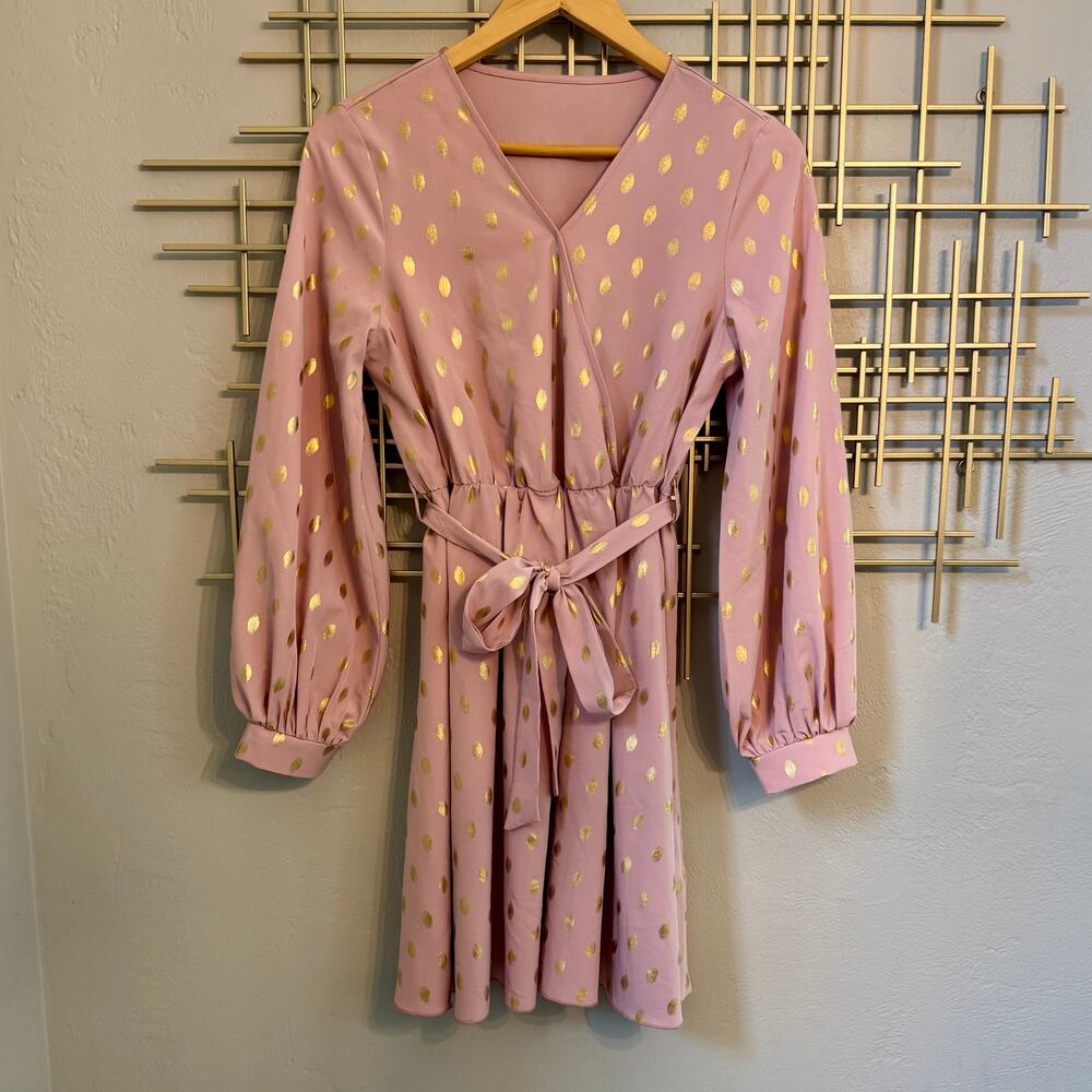SHEIN Pink Gold Metallic Polka Dot Tie Waist Mini Dress Size 6